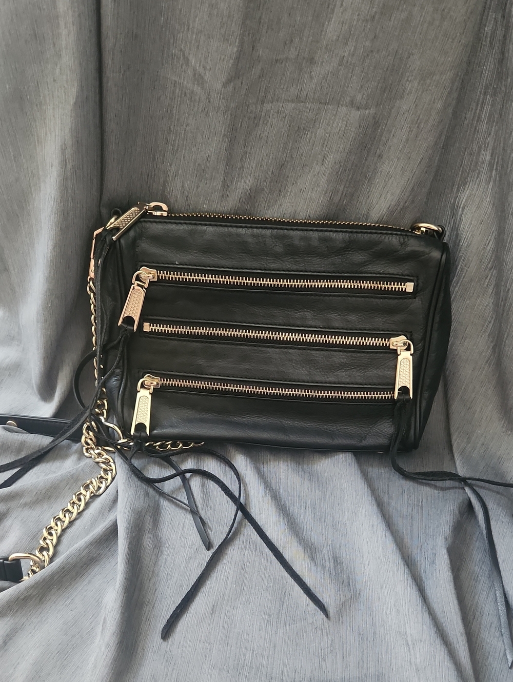 Rebecca Minkoff Black Leather Crossbody Bag with Gold Zippers